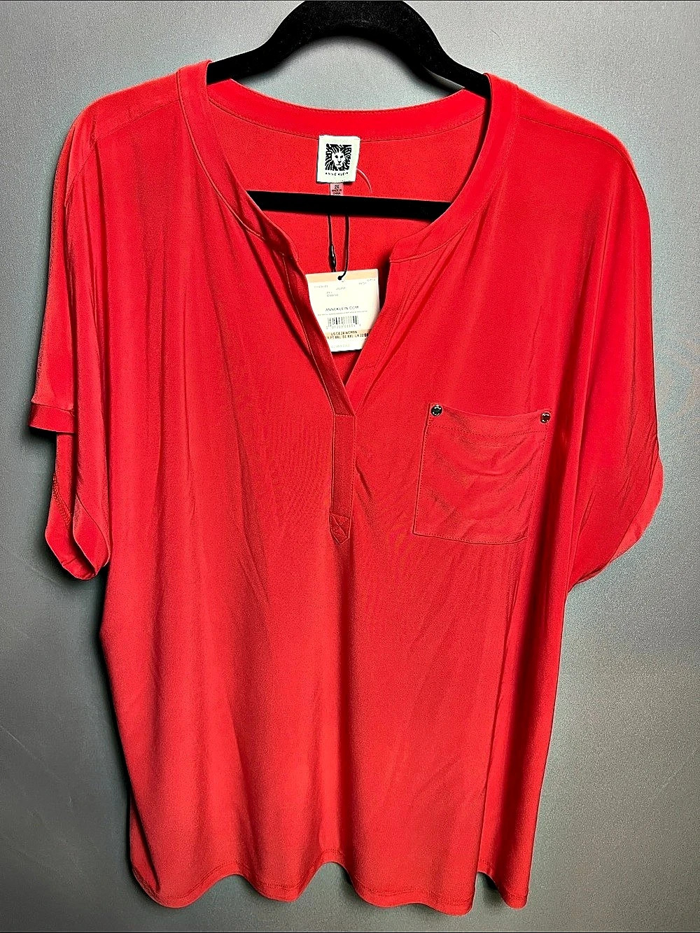 Anne Klein V-Neck Short Sleeve Pocket Blouse Red 2X